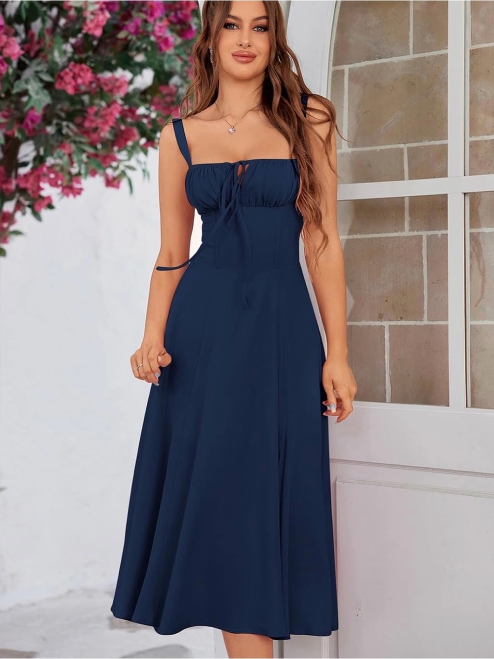 Sleeveless Navy Midi Dress with Tie Front and Corset Back